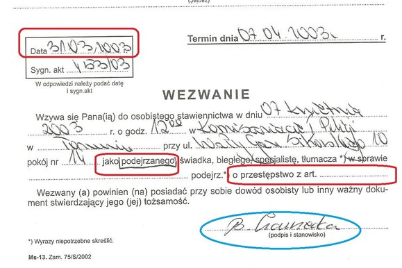 wezwanie wystawione dla żony policjanta, w sprawie z zawiadomienia jej męża (policjanta)