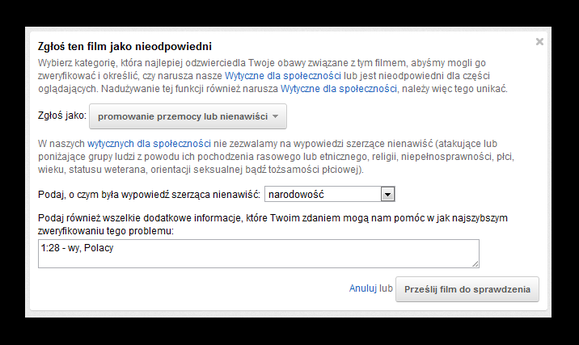 Filmik zgłosiłem używając opcji "Zgłoś naruszenie zasad" (mała ikonka z flagą)