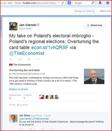 Jan Cienski chwali się na Twitterze swoim tekstem w The Economist