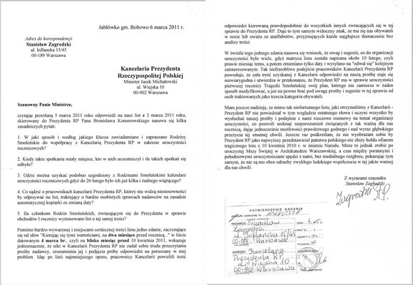 Kopia listu do kancelarii Prezydenta RP wysłanego rano 7 marca 2010 roku